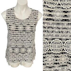 C Oliver Top Women Medium Lace Overlay Blue Stripe Tank Boho Nautical Officecore
